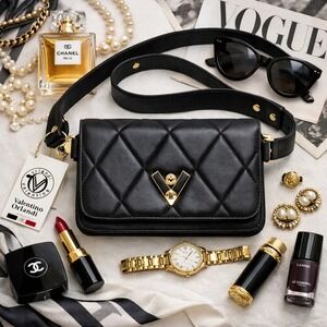 Valentino Orlandi Black Vegan Leather Quilted Crossbody Bag Gold V-2003 NEW